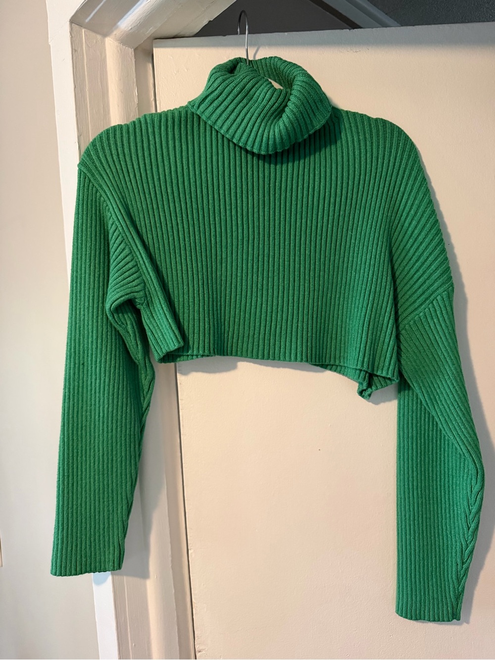 Green Cropped Ribbed Turtleneck Sweater